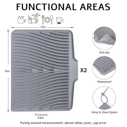 Silicone Dish Drying Mat for Kitchen Counter (Grey-2pcs / 16" x 12")