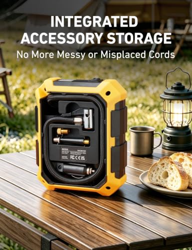 Tire Inflator Portable Air Compressor 12V DC Integrated Storage (Yellow)