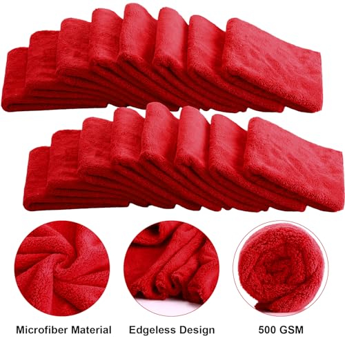 30 Pcs 16 x 16 Inch Edgeless Microfiber Plush Towels for Cars Detailing Drying Wash Polishing Absorbent Cleaning Cloths (Red / 16 x 16 Inch)