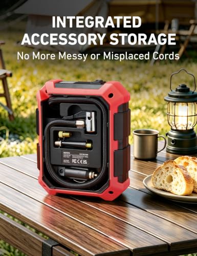 Tire Inflator Portable Air Compressor 12V DC Integrated Storage (Red)