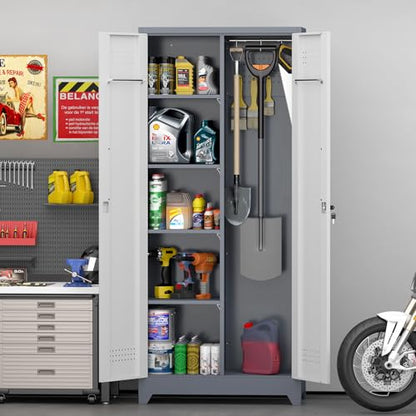72'' Metal Utility Storage Cabinet with Pegboard & Tool Hanging Bars (Gray&white / 72.8"H Broom Cabinet)