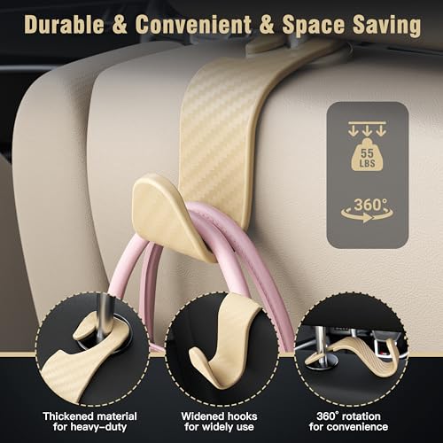 4 Pack Car Headrest Hooks Holds 55lbs Seat Storage Organizer for Bags (L-Beige Check)