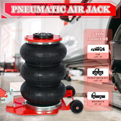 5T Triple Bag Air Jack 11000lbs Pneumatic Jack 3s Fast Lift Up 16in Airbag Jack with Adjustable Long Handle Heavy Duty Triple Air Bag Jack Lift for Cars Garage (5 Ton / red)