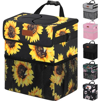 Car Trash Can with Lid Leak Proof Car Accessories for Women (2.2 Gallons / Sunflower)