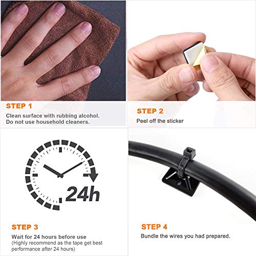 Strong Self Adhesive Wire Clips Cable Zip Tie Mounts 1" with 8 Inch Zipties Black UV Protection Outdoor 100 Pcs (1x1")