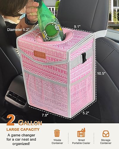 Car Trash Can with Lid Leakproof Car Garbage Bag Vehicle Trash Bin (2 Gallons / Pink Print)