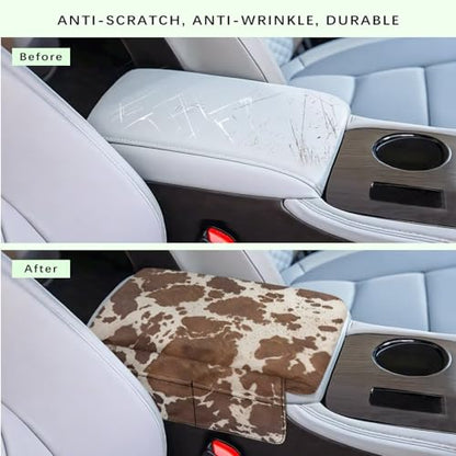 Brown Beige Cow Print Car Center Console Pad Comfortable Armrest Box Protector Soft Hand Rest Pillow for Car Seat Organizer Arm Rest Cushion Protective Cover Automobile Decor (Brown Beige Cow Print)