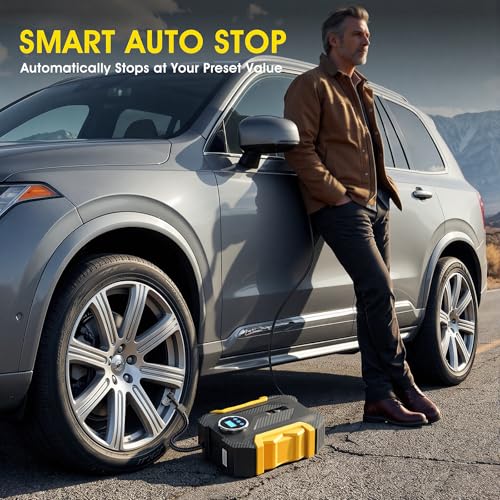Digital Air Compressor for Car Auto Pump Portable Tire Inflator with LED Light DC 12V (Yellow)
