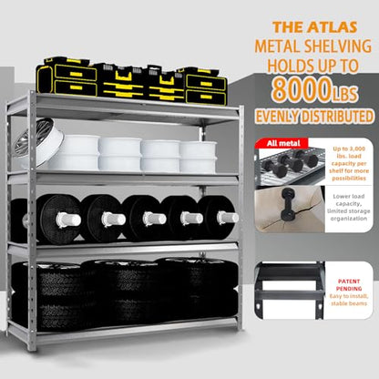 The Atlas 72" W Heavy Duty Garage Shelving Load 8000 Lbs (Grey / 72”W x 24”D x 72”H, 8000lbs)