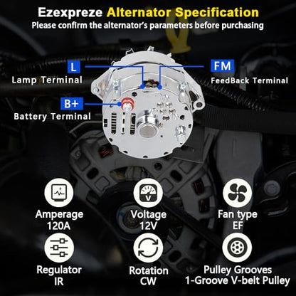 New Chrome 1 Wire Self Exciting Alternator High Output 120Amp Replacement for GM 305 350 BBC SBC 10SI for Chevy for Buick Street Rod Hot Rod (7127-SE-C)