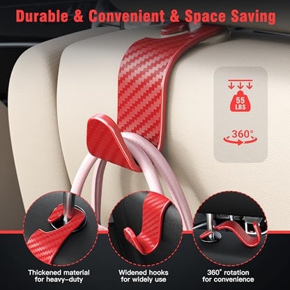 4 Pack Car Headrest Hooks Holds 55lbs Seat Storage Organizer for Bags (Red Check)