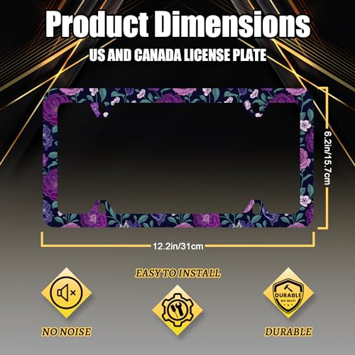Stainless Steel Purple Floral Flowers License Plate Frame 12.3 x 6.3 Inch (Purple Floral Flowers Roses Peonies)