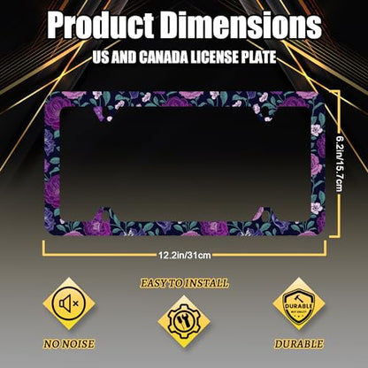 Stainless Steel Purple Floral Flowers License Plate Frame 12.3 x 6.3 Inch (Purple Floral Flowers Roses Peonies)