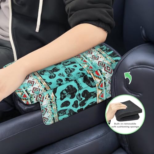 Aztec Cow Print Teal Auto Center Console Armrest Cover Arm Rest Seat Box Protective Cover with Side Storage Pockets Comfortable Middle Console Pad for Car Side Storage Box (Aztec Cow Print Teal)