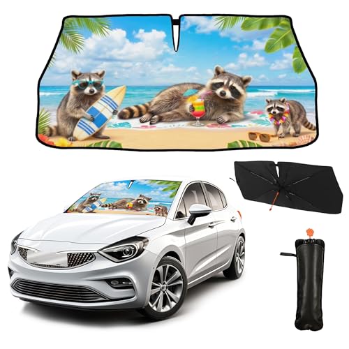 Funny Raccoon Car Windshield Sun Shade Umbrella Hawaiian Raccoon Car Sun Shade Umbrella Block UV Rays Heat Foldable Windshield Umbrella Sun Visor Protector (Racc-3)