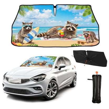 Funny Raccoon Car Windshield Sun Shade Umbrella Hawaiian Raccoon Car Sun Shade Umbrella Block UV Rays Heat Foldable Windshield Umbrella Sun Visor Protector (Racc-3)