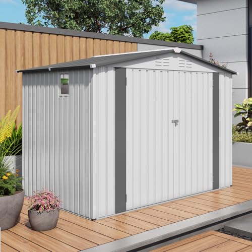 8x6 FT Outdoor Storage Shed with Windows (White+Gray / 8x6ft Standard)