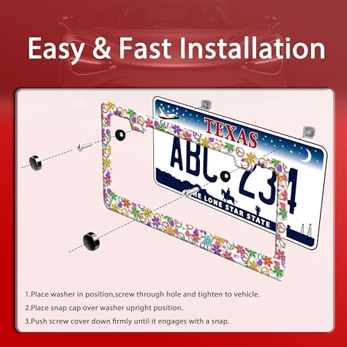 Colorful Peace Flower Stainless Steel License Plate Frame for US Cars Decor (Peace Flower)