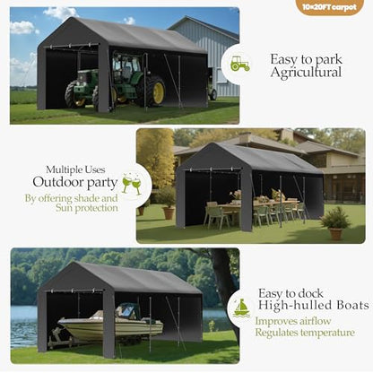 10x20 Carport Heavy Duty Portable Garage Shelter w (Black / 10x20 with sidewalls)