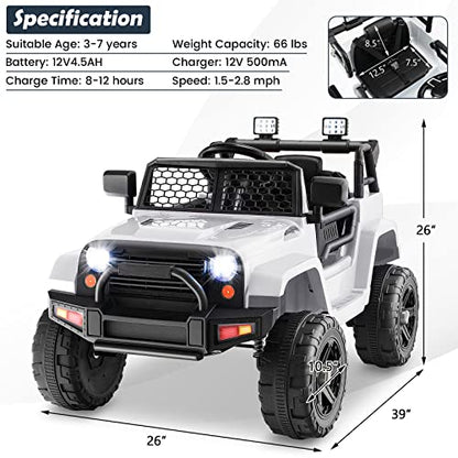 Ride on Car 12V Battery Powered Truck Vehicle with Remote Control (White / 39" x 26" x 26")