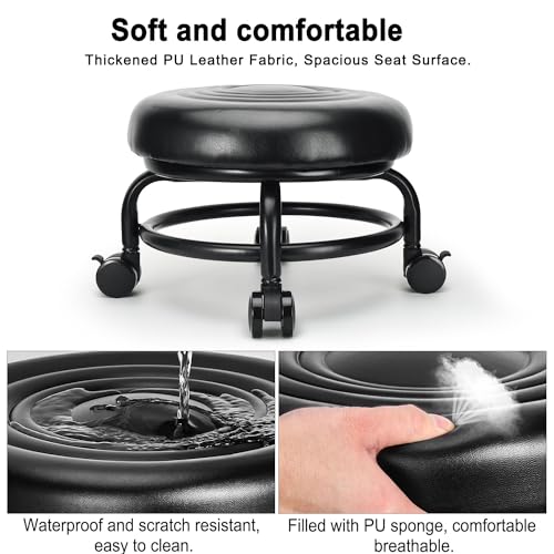 Low Height Rolling Stool Low Roller Stool PU Leather Comfortable Chair (Style 2)