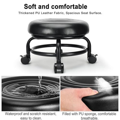 Low Height Rolling Stool Low Roller Stool PU Leather Comfortable Chair (Style 2)