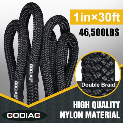 1" x30ft Kinetic Recovery Rope 46.5K lbs with 2 Soft Shackles Black (Black / 1"×30ft + 2 Soft Shackles)