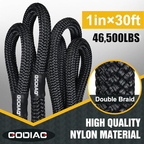 1" x30ft Kinetic Recovery Rope 46.5K lbs with 2 Soft Shackles Black (Black / 1"×30ft + 2 Soft Shackles)