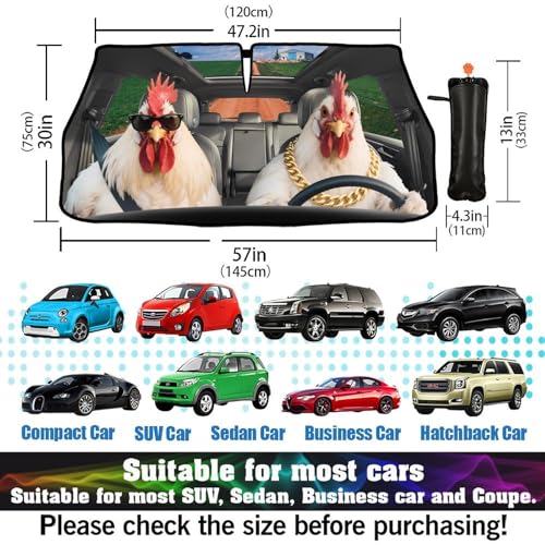 Funny Chicken Car Windshield Umbrella Rooster Windshield Sun Shade Umbrellas for Car Front Window Funny Animal Sun Visor Protector Sunshade to Keep Your Vehicle Cool 57”x 30” (NewStyle-Funny Chicken / Expanded: 147 × 75 cm, Folded: 33 × 11 cm)