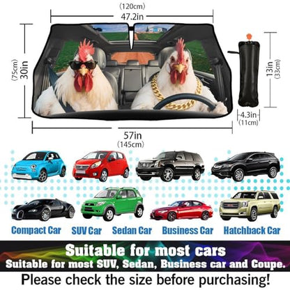 Funny Chicken Car Windshield Umbrella Rooster Windshield Sun Shade Umbrellas for Car Front Window Funny Animal Sun Visor Protector Sunshade to Keep Your Vehicle Cool 57”x 30” (NewStyle-Funny Chicken / Expanded: 147 × 75 cm, Folded: 33 × 11 cm)
