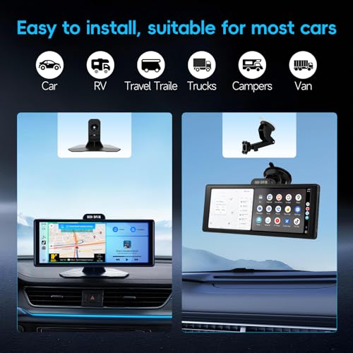 10.26" Portable Wireless CarPlay & Android Auto Screen for Car Stereo with 1080P Dash Cam & Backup Camera