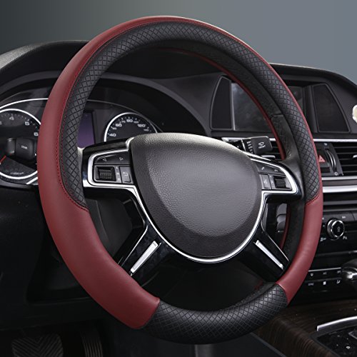 Rhombus Leather Universal Steering Wheel Cover (Black and Burgundy / Standard[14.5"-15"])