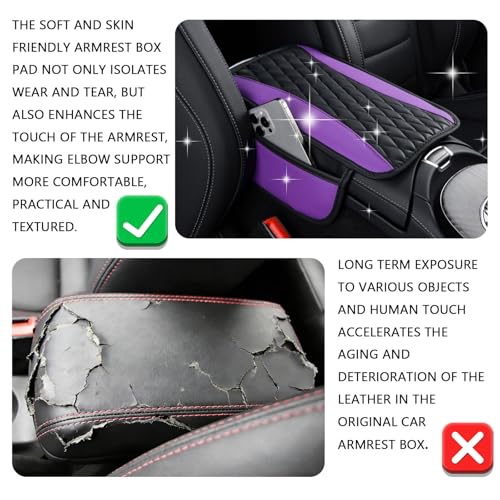 Leather Car Center Console Cover with Side Storage Pockets (Purple)