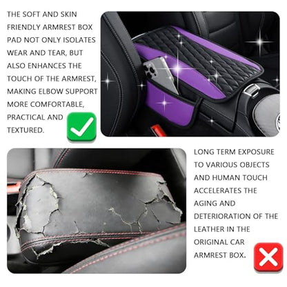 Leather Car Center Console Cover with Side Storage Pockets (Purple)