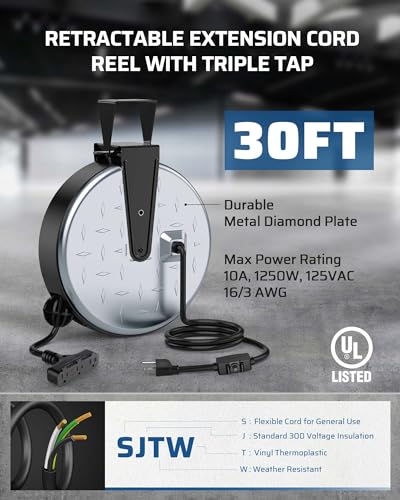Retractable Extension Cord Reel (Silver/Black-black Cord)