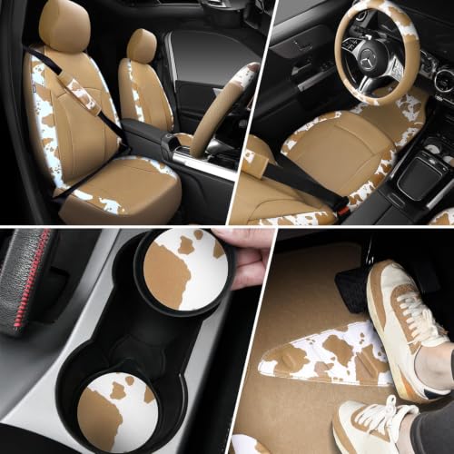 Cow Print Faux Leather Car Seat Covers & Cow Car Mats & Cow Steering Wheel Cover Seat Belt Pads Universal fit for SUV (Cow Print Beige)