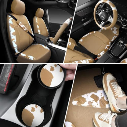 Cow Print Faux Leather Car Seat Covers & Cow Car Mats & Cow Steering Wheel Cover Seat Belt Pads Universal fit for SUV (Cow Print Beige)