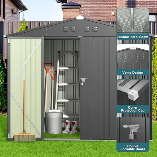 8x6 FT Outdoor Storage Shed (Dark Gray / 8' x 6' FT/Peaked-roof)