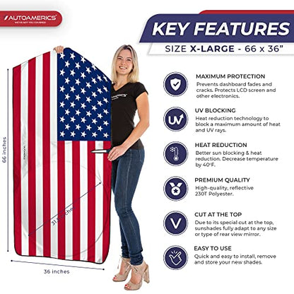 Truck Windshield Sun Shade with Storage Pouch & Anti (USA ORIGINAL FLAG / X-LARGE = 66 x 36 inches)