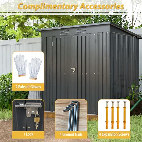 6x4 FT Outdoor Metal Storage Shed with Lockable Door & Floor Frame (Black / 6x4 Ft)
