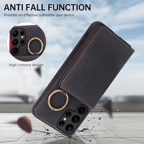Compatible with Samsung Galaxy S22 Ultra 5G Wallet Case and Screen Protector Crossbody Shoulder Strap Stand Card Holder Magnetic Car Mount Phone Cover for S22ultra 22S S 22 S22ultra5g Women Men Black (Black / for S22 Ultra)