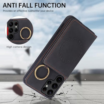 Compatible with Samsung Galaxy S22 Ultra 5G Wallet Case and Screen Protector Crossbody Shoulder Strap Stand Card Holder Magnetic Car Mount Phone Cover for S22ultra 22S S 22 S22ultra5g Women Men Black (Black / for S22 Ultra)