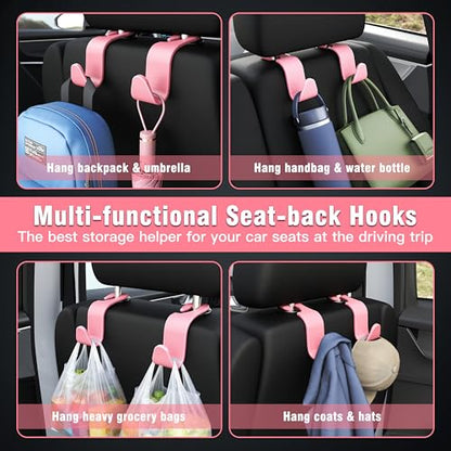 4 Pack Car Headrest Hooks Holds 55lbs Seat Storage Organizer for Bags (Pink)