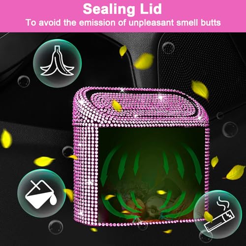 Car Trash Can with Lid (Black/Pink Rhinestone)