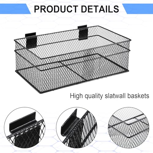 4 Pcs Slatwall Basket Set Ventilated Metal Slatwall Basket Hanging Wire Bins Wall Mounted Accessories for Panel Garage Storage Display Organizing (Assorted Sizes / Black)