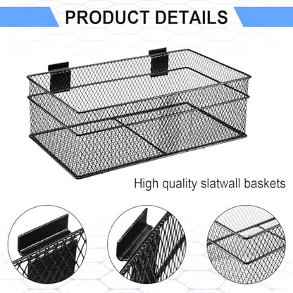 4 Pcs Slatwall Basket Set Ventilated Metal Slatwall Basket Hanging Wire Bins Wall Mounted Accessories for Panel Garage Storage Display Organizing (Assorted Sizes / Black)
