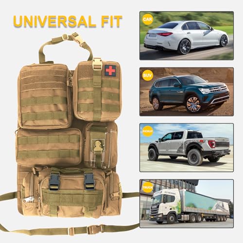 Universal Tactical Seat Back Organizer Vehicle Molle Panel Organizer Storage Bag with 5 Detachable Molle Pouch for All Vehicel Such as Jeep (A model-Khaki)