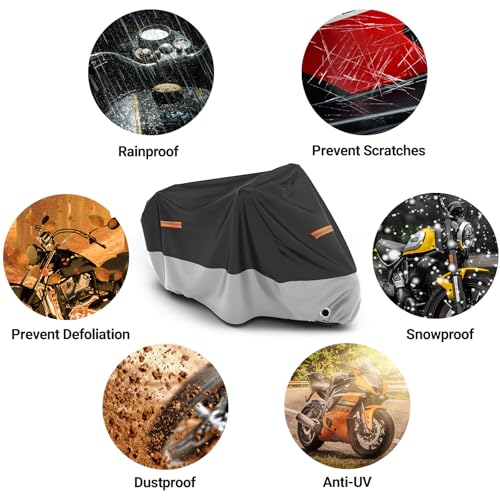 Motorcycle Cover Waterproof Outdoor All Weather Protection (Black & Silver / 86.6")