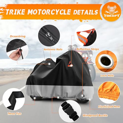 Trike Cover Waterproof Outdoor Heavy Duty 3 Wheel Motorcycle Cover (Black&Grey)