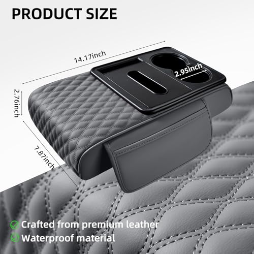 5-in-1 Car Center Console Armrest Cover Pad, Multifunctional Car Arm Rest Organizer with Cup Holder, Tissue Slot & Side Storage Pockets, Soft Leather Auto Armrest Cushion, Grey (Grey)